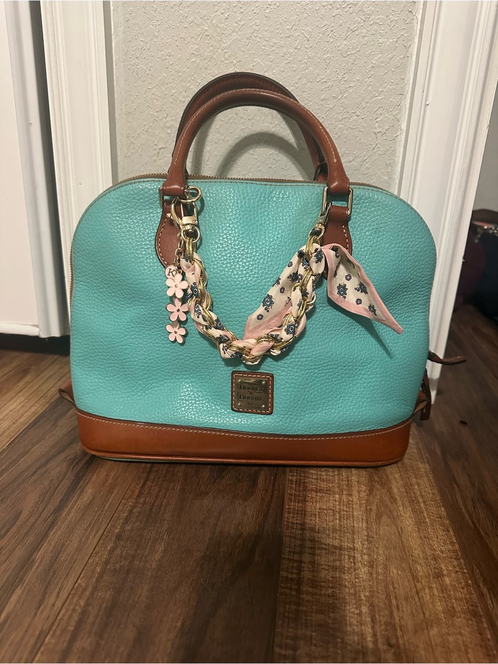 Dooney & Bourke Aqua and Brown Pebbled Leather Satchel